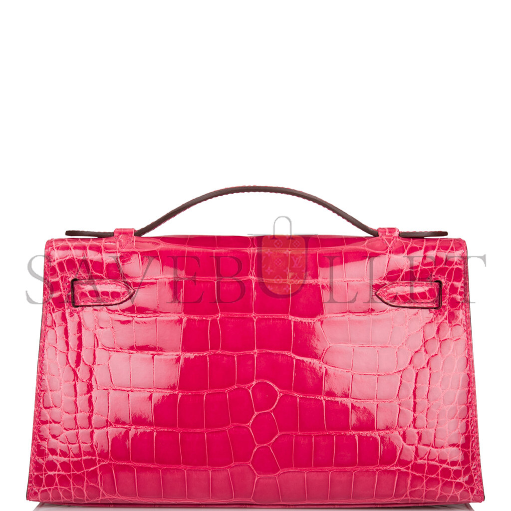 HERMÈS MASTER ROSE EXTREME MINI KELLY POCHETTE OF SHINY MISSISSIPPIENSIS ALLIGATOR PALLADIUM HARDWARE (22*14*7cm) 